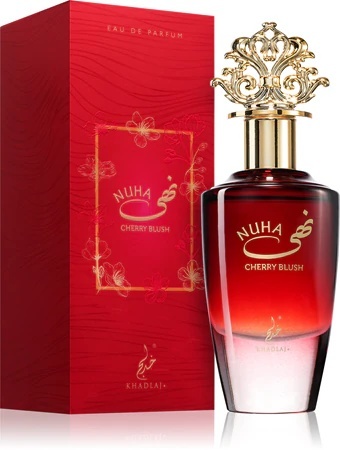 opakowanie Khadlaj Nuha Cherry Blush EDP 85 ml – perfumy arabskie z wiśnią, rumem i wanilią opakowanie Khadlaj Nuha Cherry Blush EDP 85 ml – perfumy arabskie z wiśnią, rumem i wanilią