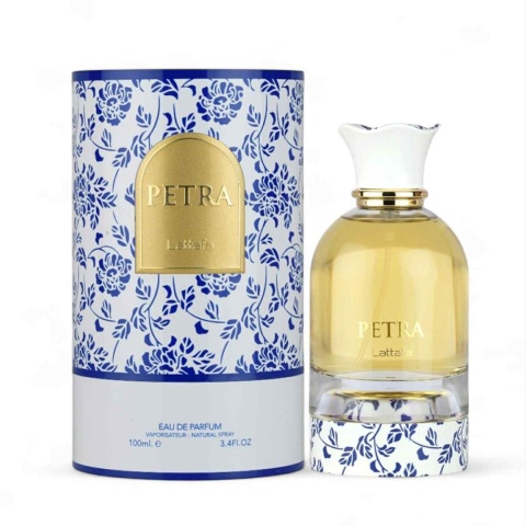 opakowanie Lattafa Petra EDP 100 ml – słodkie perfumy arabskie z rumem, kokosem i praliną